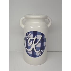 Blue Gingham Farmhouse Utensil Canister Kitchen Vase Jug Decor Initial K